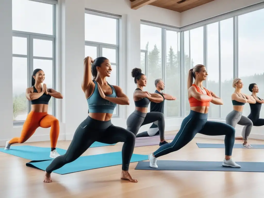 Yoga inclusivo: mujeres sonrientes fortaleciendo el cuerpo y la unión Grupo diverso de mujeres sonrientes haciendo yoga juntas en un estudio luminoso con citas motivacionales, mostrando fuerza y apoyo
