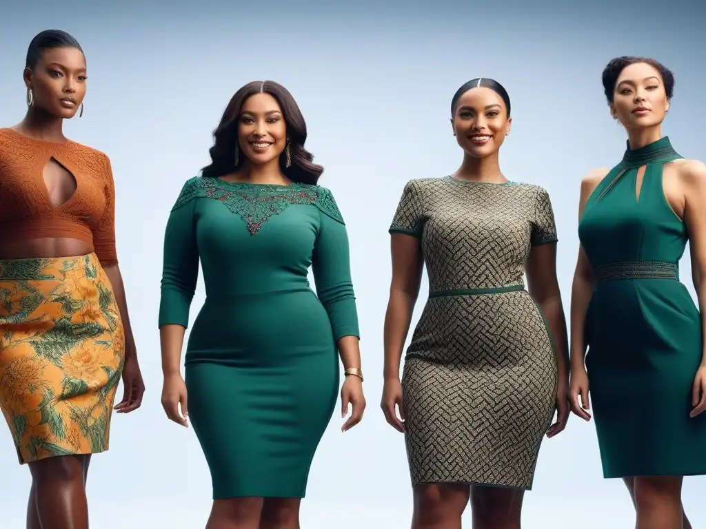 Moda sostenible: Mujeres diversas lucen elegancia y estilo Un grupo diverso de mujeres sonrientes y elegantes modelando moda artesanal sostenible en un estudio lleno de luz natural y telas coloridas
