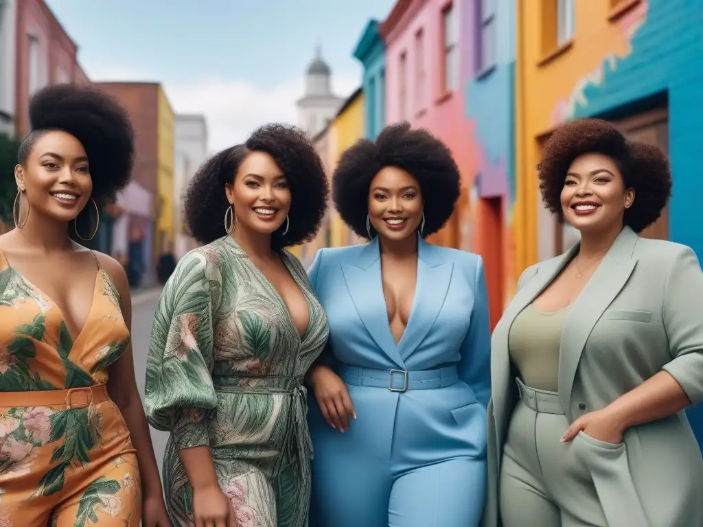Moda sostenible y diversidad: mujeres empoderadas en la ciudad Grupo diverso de mujeres sonrientes, vistiendo moda sostenible tallas especiales, unidas con confianza en entorno urbano vibrante