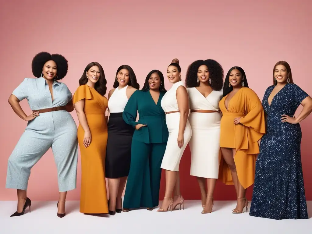 Empoderamiento femenino: moda inclusiva y ética para todas Un grupo diverso de mujeres sonrientes y seguras de sí mismas, vistiendo marcas moda tallas inclusivas éticas en un estudio moderno y luminoso
