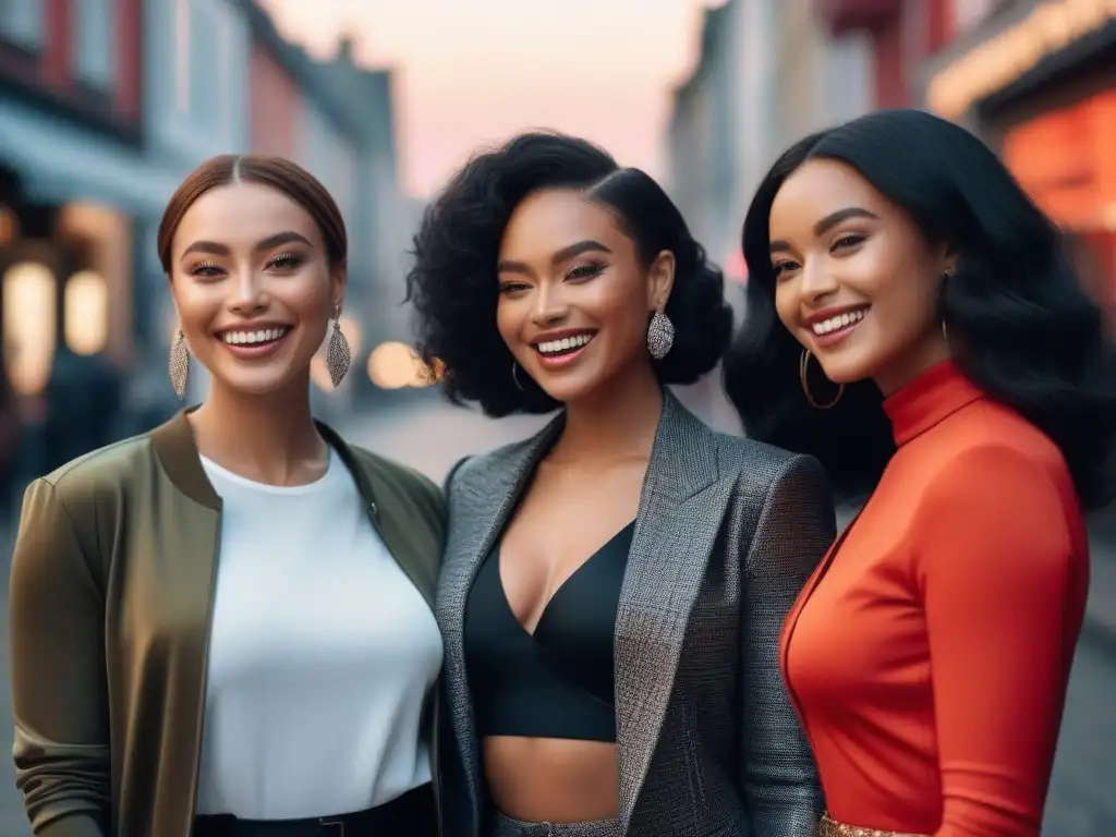 Empoderamiento femenino: diversidad y estilo en la ciudad Un grupo diverso de mujeres sonrientes y elegantes celebrando la moda inclusiva para todas las tallas en una ciudad moderna y vibrante