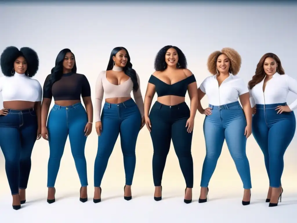 Plussize mujeres felices probándose jeans en boutique moderna Un grupo diverso de mujeres de talla grande se prueban jeans en una tienda moderna, destacando su belleza única