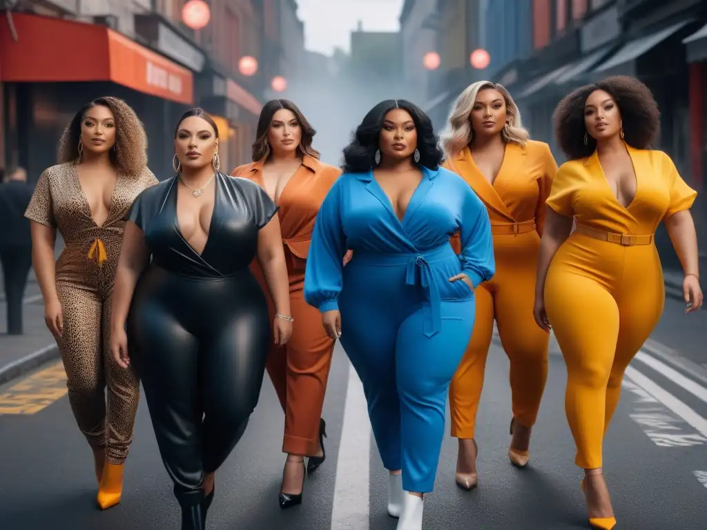 Jumpsuits plus size: mujeres seguras y empoderadas en la ciudad Un grupo diverso de mujeres de talla grande luciendo jumpsuits con estilo, radiantes y seguras en la ciudad