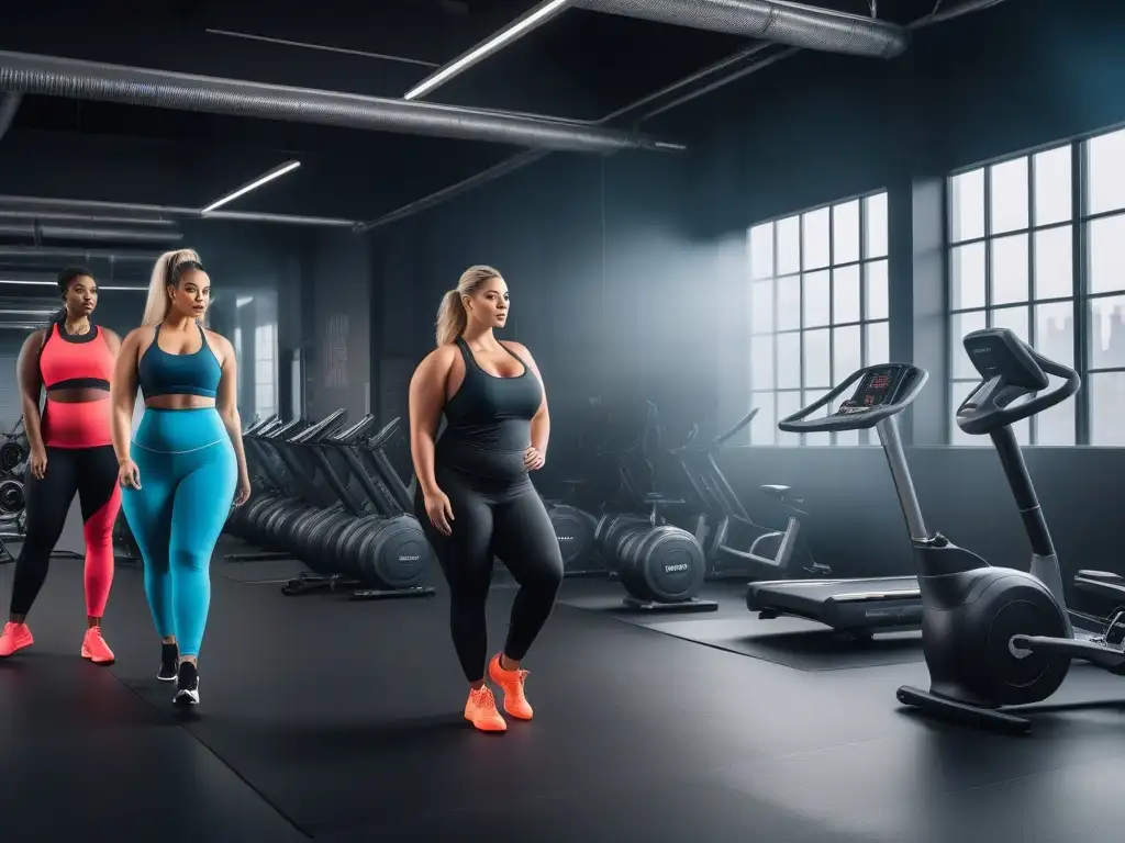 Empoderamiento plussize en el gimnasio: diversidad, estilo y fuerza Un grupo diverso de mujeres de talla grande ejercitándose con confianza y estilo en un gimnasio moderno, reflejando fuerza y empoderamiento