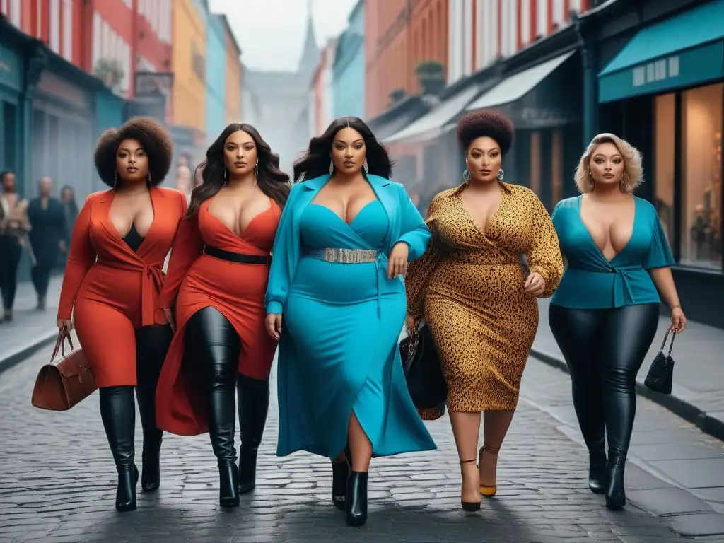 Moda inclusiva: Plussize mujeres seguras en la ciudad Un grupo diverso de mujeres de talla grande, seguras y estilosas, caminan por la ciudad