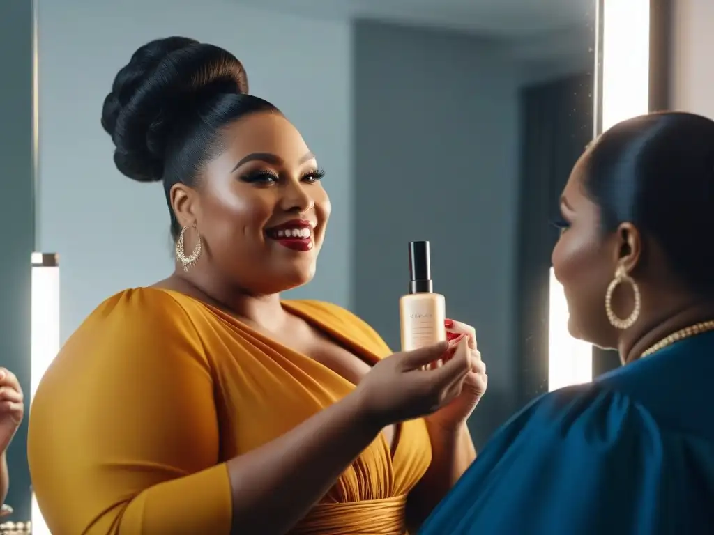 Empoderamiento y diversidad: Mujeres de talla grande unidas en belleza Un grupo diverso de mujeres de tallas grandes y distintas etnias aplicando maquillaje juntas, rodeadas de productos de belleza inclusivos