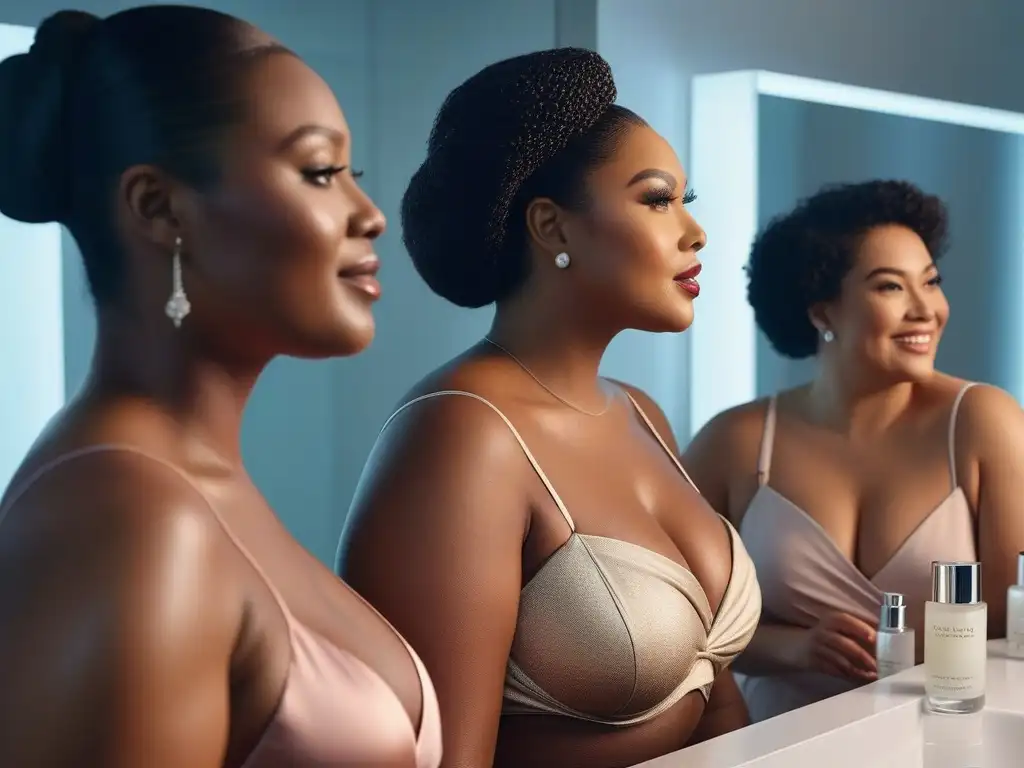 Empoderamiento de la belleza: mujeres de talla grande aplicando productos de cuidado de la piel con confianza y elegancia Un grupo diverso de mujeres de tallas plus aplicando productos de belleza en un lujoso baño