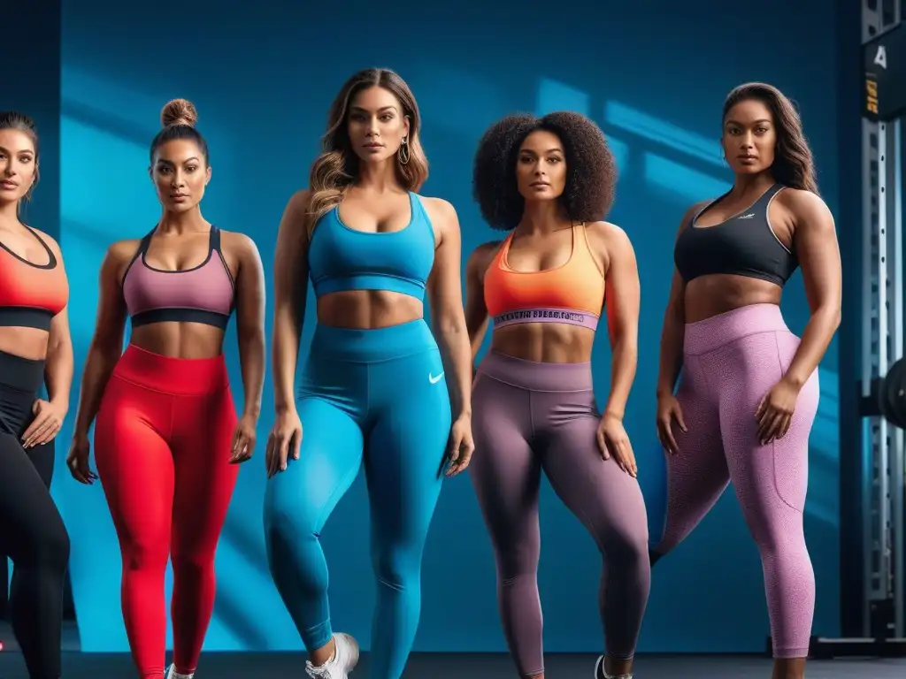 Empoderamiento femenino: mujeres diversas con activewear inclusivo Un grupo diverso de mujeres de todas las tallas y etnias posando con confianza en moderna moda deportiva