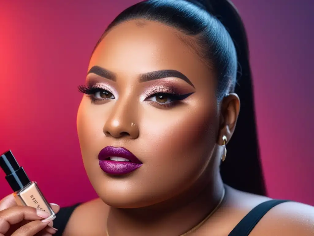 Empoderamiento: mujeres plus aplicando maquillaje juntas Un grupo diverso de mujeres de tallas grandes aplicando maquillaje juntas, con productos de belleza inclusivos