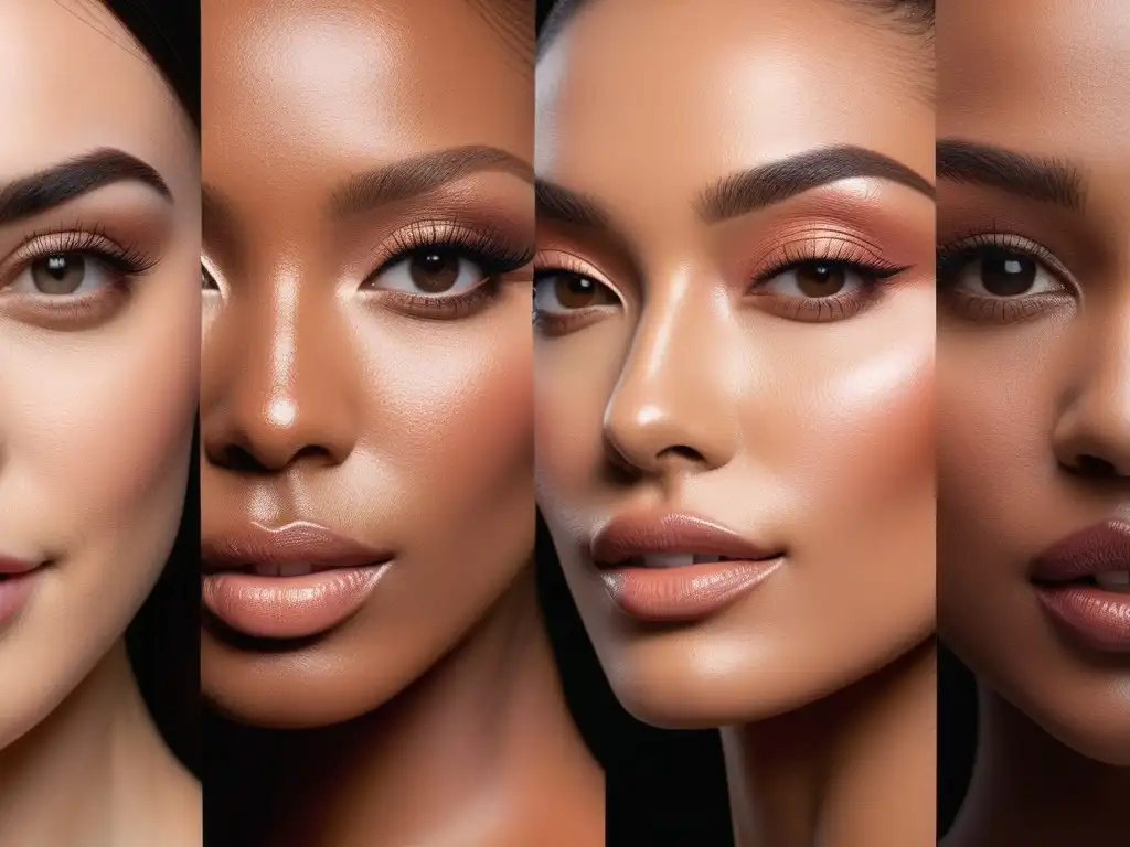 Radiante diversidad: Mujeres con blush perfecto para su tono de piel Un grupo diverso de mujeres con tonos de piel medios lucen diferentes tonos de colorete que realzan su belleza única