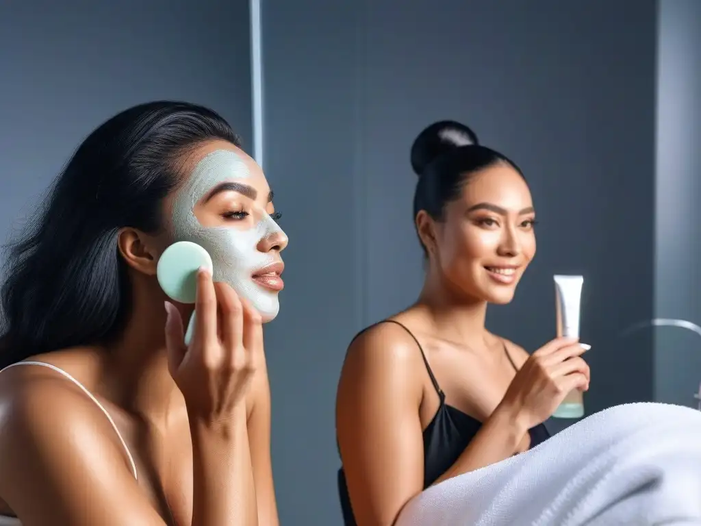 Rituales de cuidado facial personalizados para todo tipo de piel Un grupo diverso de mujeres disfrutando de tratamientos faciales personalizados en un moderno baño