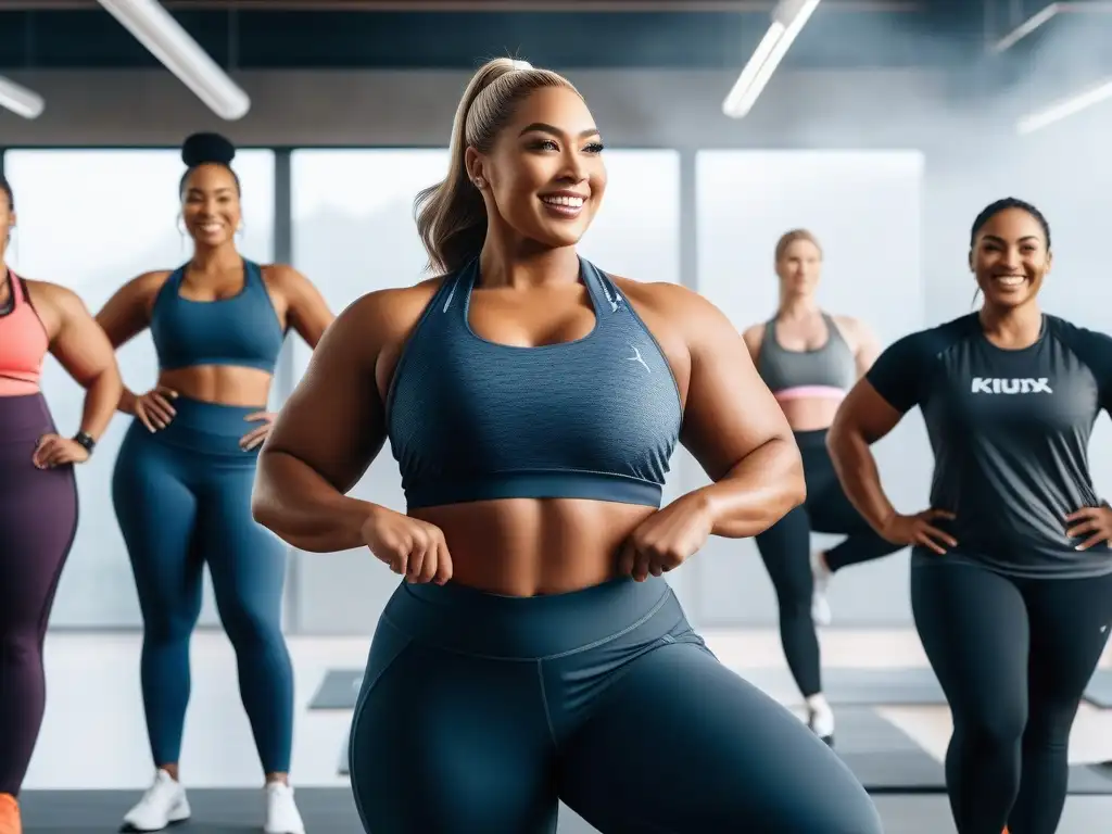 Empoderamiento en activewear plussize: mujeres fuertes y seguras en acción Un grupo diverso de mujeres plus size practicando yoga, corriendo y levantando pesas, luciendo ropa deportiva plus size inclusiva