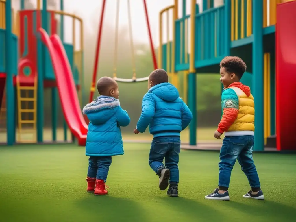 Niños felices: colores vibrantes en el parque de juegos Grupo diverso de niños juegan alegres en un parque vibrante, cada uno viste un color diferente, reflejando emociones y personalidades variadas