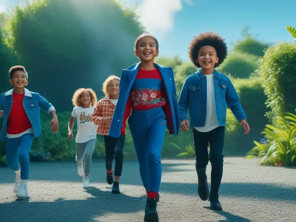 Niños felices y unidos en un parque inclusivo Grupo diverso de niños juegan alegres en un parque con moda infantil inclusiva y diversa