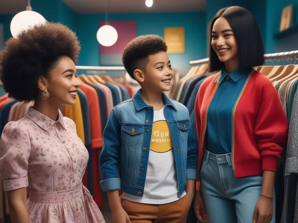 Diversión inclusiva y creativa en boutique de moda infantil Un grupo diverso de niños juega a vestirse en una boutique inclusiva y colorida