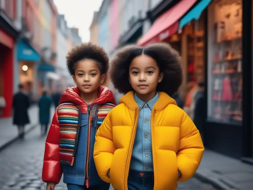 Desfile de moda infantil en la ciudad: tendencias vibrantes y confianza diversa Un grupo diverso de niños camina con estilo por una bulliciosa calle de la ciudad, reflejando las tendencias moda infantil actualizadas rápido