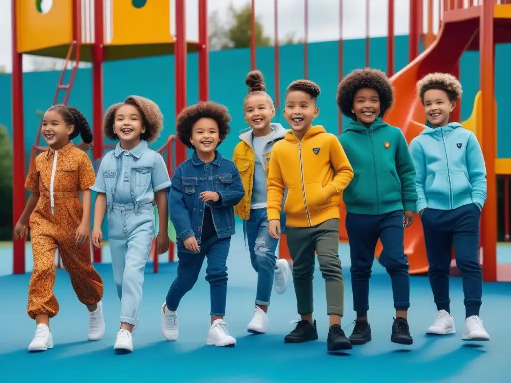 Un grupo diverso de niños juega felices en un parque inclusivo vistiendo moda infantil adaptativa inclusiva