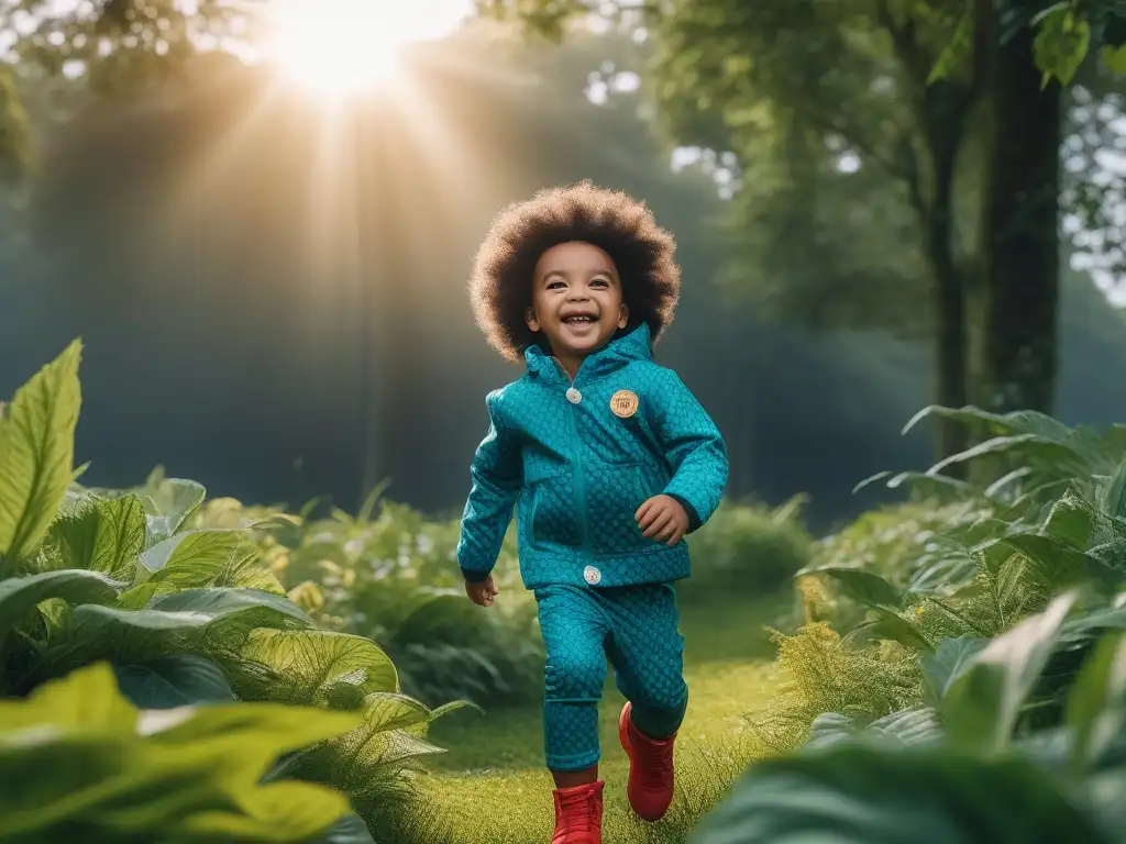 Niños felices en parque con moda vegana sostenible Un grupo diverso de niños felices viste marcas de ropa infantil vegana en un parque verde y soleado