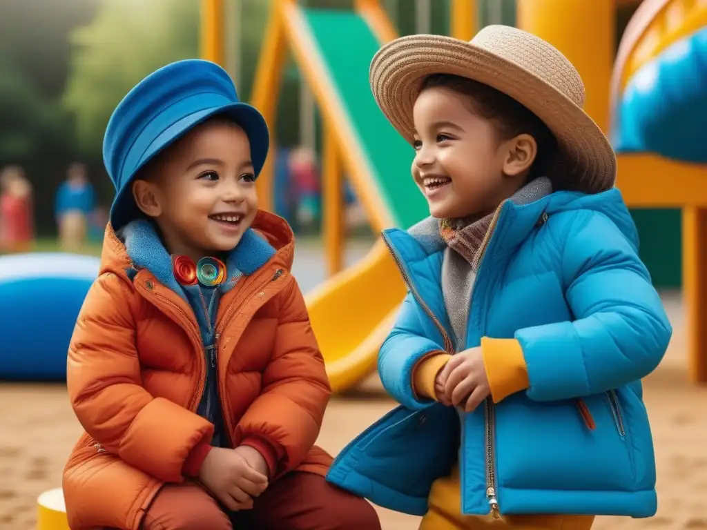 Niños felices jugando con accesorios inclusivos en un parque moderno Un grupo diverso de niños juega felices juntos con accesorios inclusivos, destacando la importancia de la inclusividad en la moda infantil