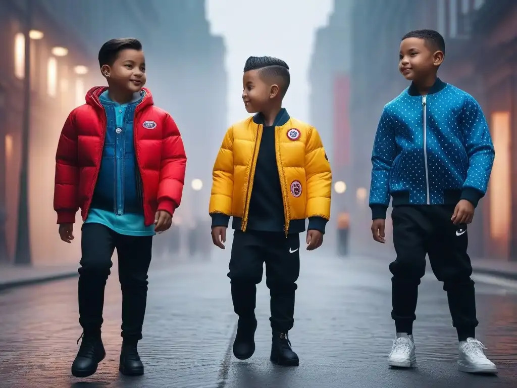 Niños felices y diversos en moda inclusiva y moderna Grupo diverso de niños felices jugando en la ciudad con moda inclusiva