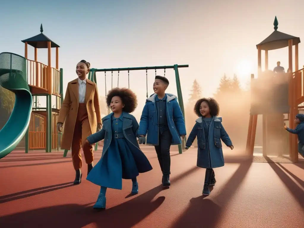 Tierna diversidad en un parque inclusivo al atardecer Un grupo diverso de niños juega felices en un parque inclusivo al atardecer, representando la certificación de marca moda infantil inclusiva