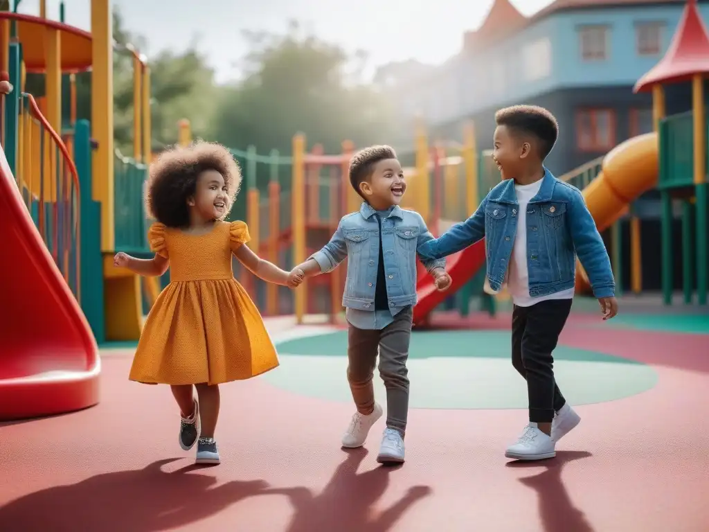 Niños felices y diversos disfrutan juntos en un parque colorido Grupo diverso de niños felices jugando juntos en un parque colorido, luciendo moda infantil moderna