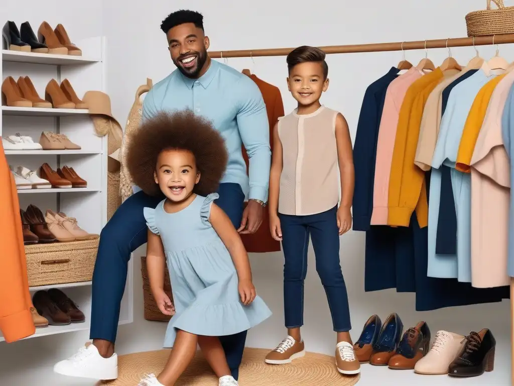 Guardarropa sostenible: niños felices con moda diversa y ecológica Un grupo diverso de niños felices exploran un armario colorido y sostenible