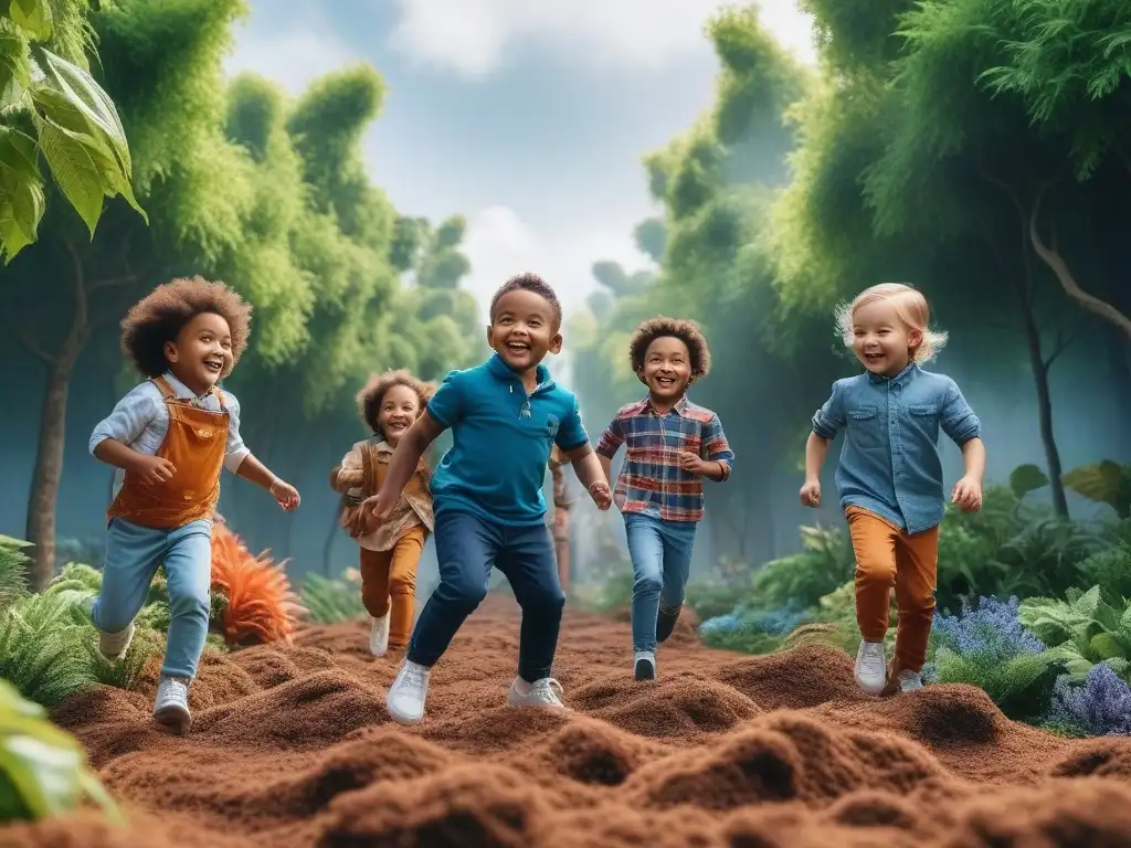 Niños felices con moda sostenible en un eco-parque vibrante Grupo diverso de niños felices jugando en un parque ecológico con moda infantil responsabilidad social marcas