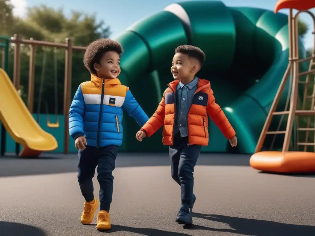 Moda inclusiva para niños: diversión y funcionalidad Un grupo diverso de niños felices jugando en un parque con ropa adaptativa infantil necesidades especiales