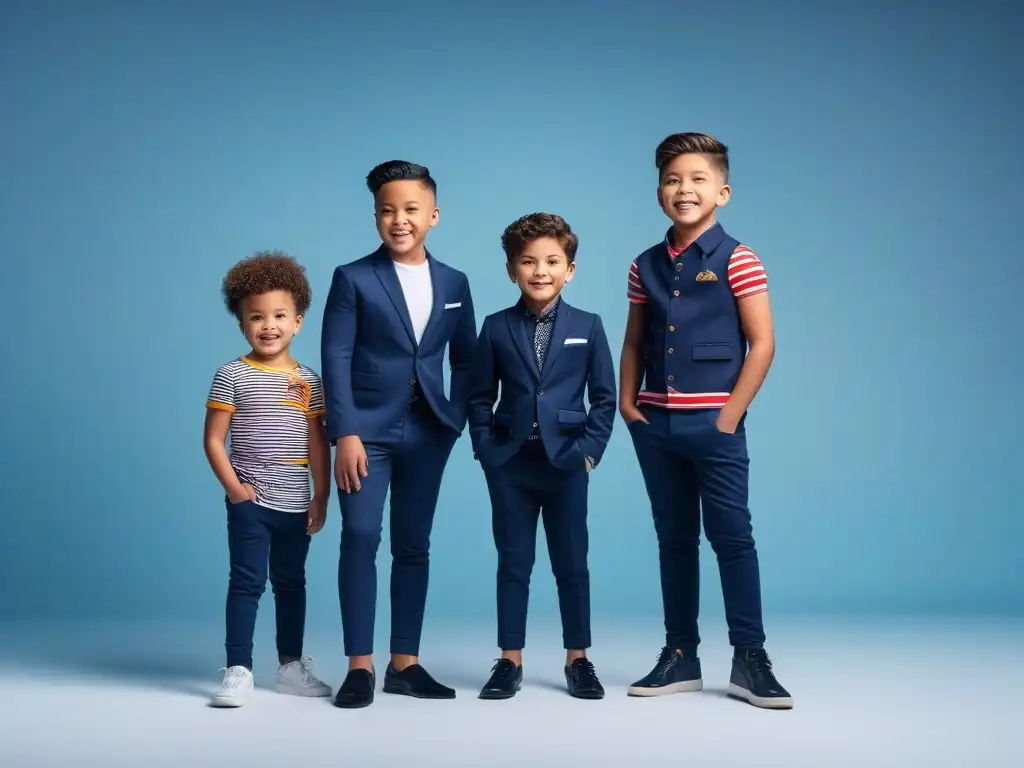 Moda inclusiva para niños altos: estilo y alegría en todas las tallas Un grupo diverso de niños felices modelando moda infantil trendy en tallas especiales, irradiando confianza y alegría