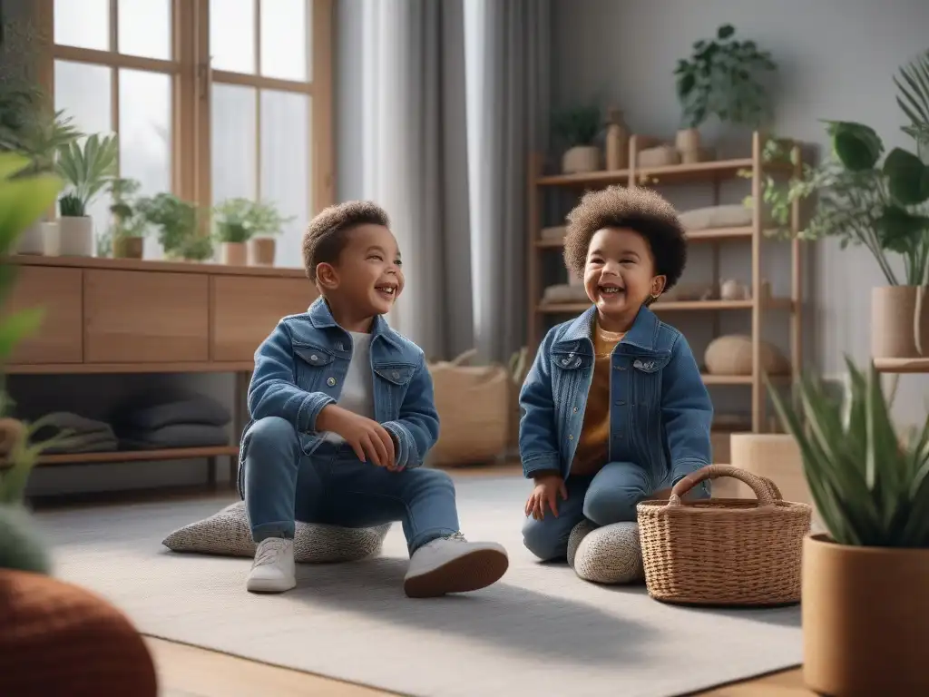 Capsule wardrobe infantil sostenible para la diversidad Un grupo diverso de niños felices juega en una moda sostenible para niños, transmitiendo alegría y diversidad