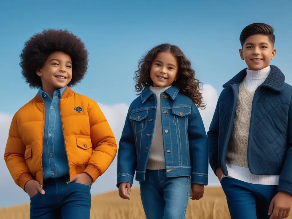 Moda infantil tallas especiales: Niños felices luciendo tendencias de moda con estilo y confianza Un grupo diverso de niños felices modelando moda infantil tall tallas especiales con estilo y elegancia en un entorno moderno y chic