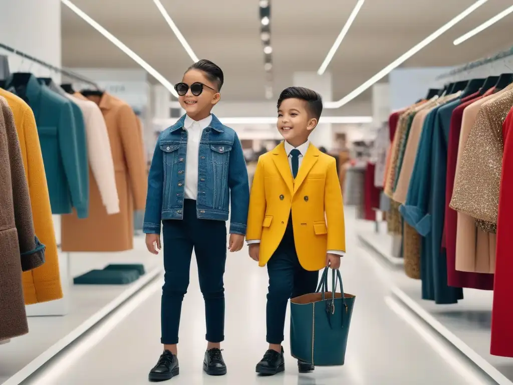 Moda inclusiva para niños: diversidad y alegría Un grupo diverso de niños felices interactúan con ropa de marcas de moda infantil, mostrando inclusividad y alegría