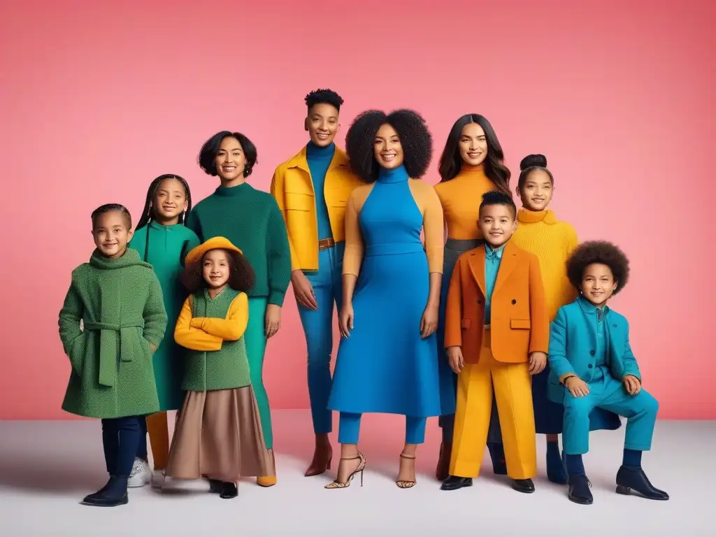 Moda infantil inclusiva y sostenible: diversidad y alegría Un grupo diverso de niños felices luciendo moda inclusiva y sostenible en un estudio moderno y luminoso
