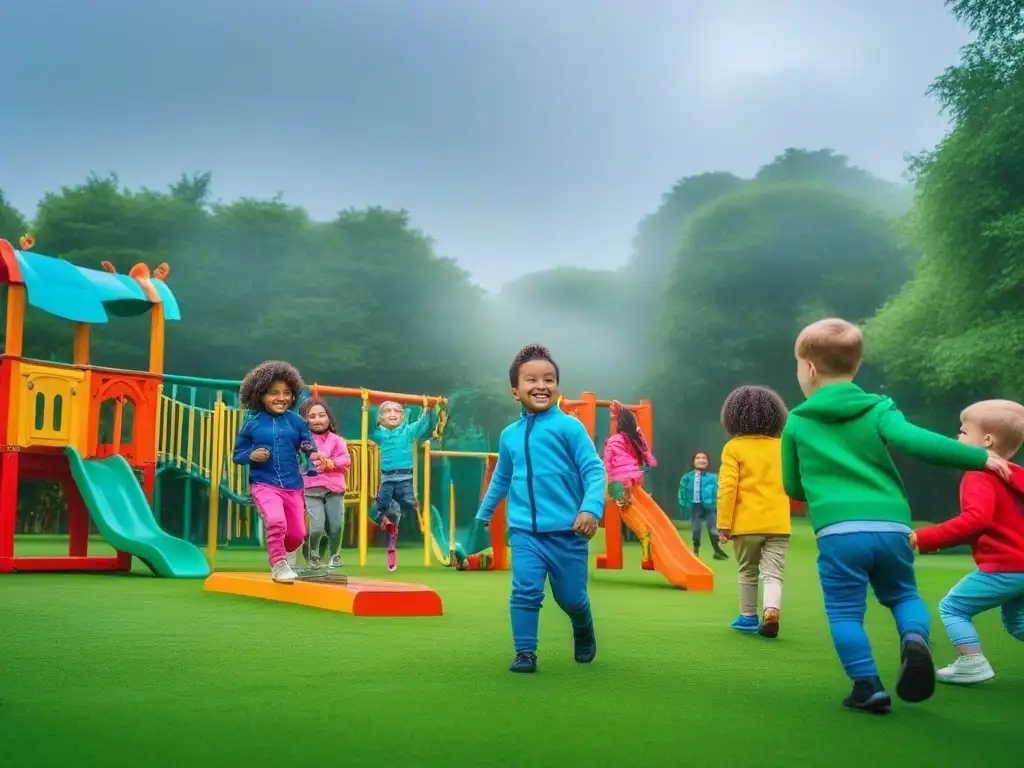 Niños felices jugando con moda sostenible en parque ecológico Grupo diverso de niños felices jugando en un parque con ropa infantil sostenible y adaptable, moda colorida y ecológica