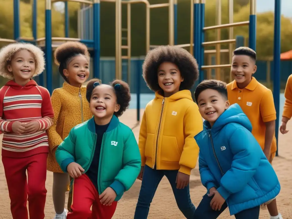 Moda inclusiva para niños: diversión y estilo en el parque Un grupo diverso de niños felices jugando en un parque con moda adaptativa para niños