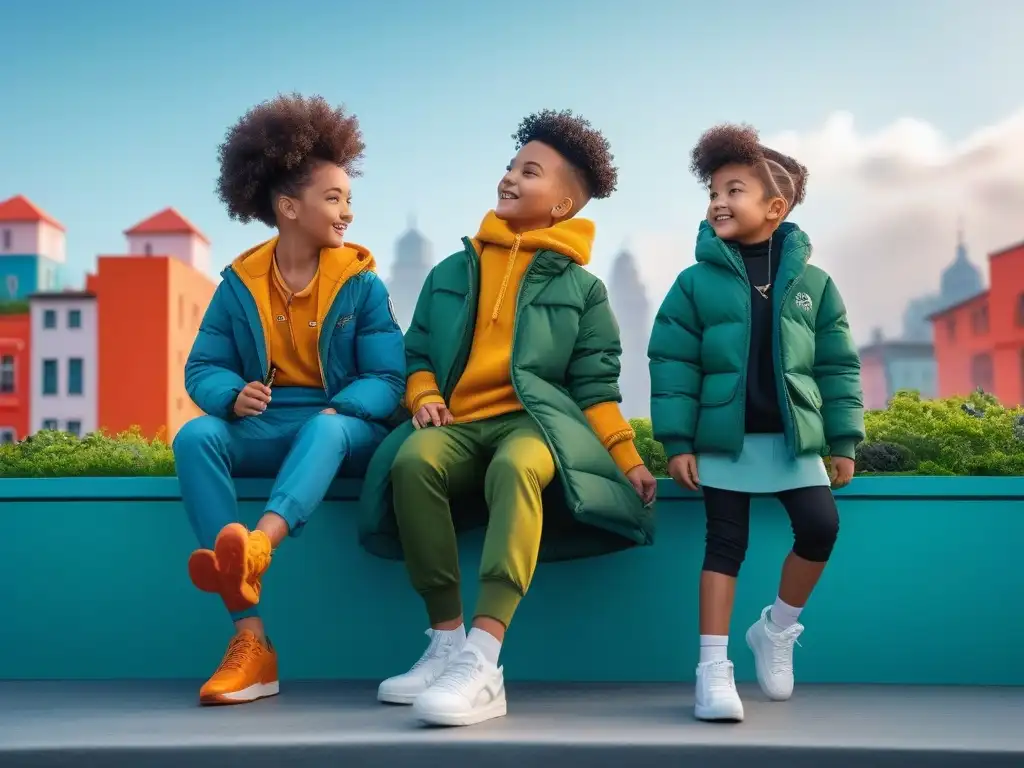 Diversidad y unión: niños felices juegan en ciudad futurista Grupo diverso de niños felices jugando en una ciudad futurista con ropa infantil unisex inclusiva