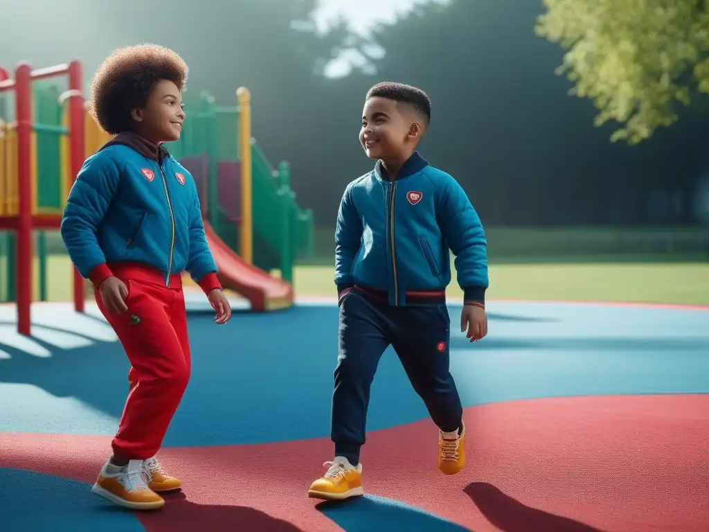 Moda infantil inclusiva: niños felices jugando juntos Un grupo diverso de niños juega feliz en un patio colorido con ropa inclusiva