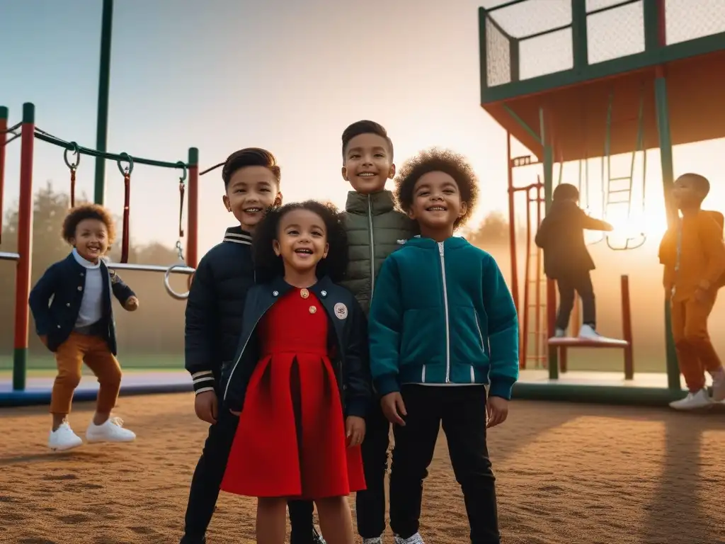 Diversidad y amistad: niños felices y estilosos juegan juntos al atardecer Un grupo diverso de niños juega feliz en un parque al atardecer, vistiendo moda infantil inclusiva para familias