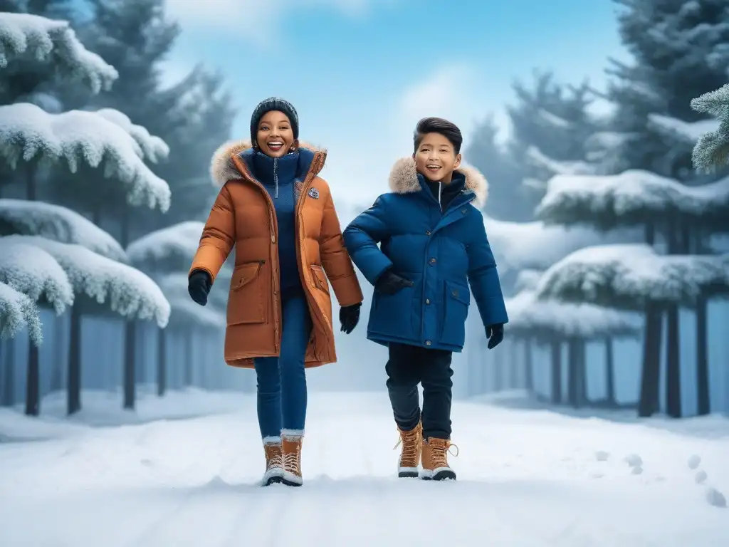 Niños felices y diversos jugando juntos en la nieve Un grupo diverso de niños juega feliz en un paisaje invernal nevado, luciendo moda inclusiva