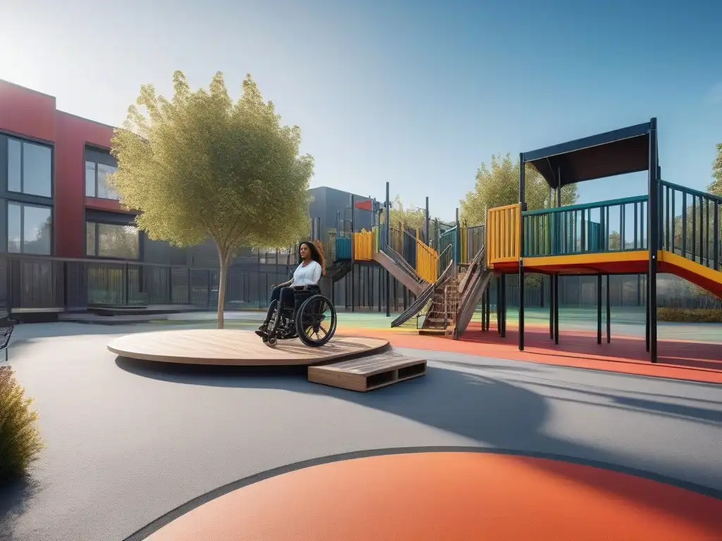 Parque inclusivo: niños felices jugando juntos Un grupo diverso de niños juega feliz en un parque inclusivo con moda infantil inclusiva tallas especiales