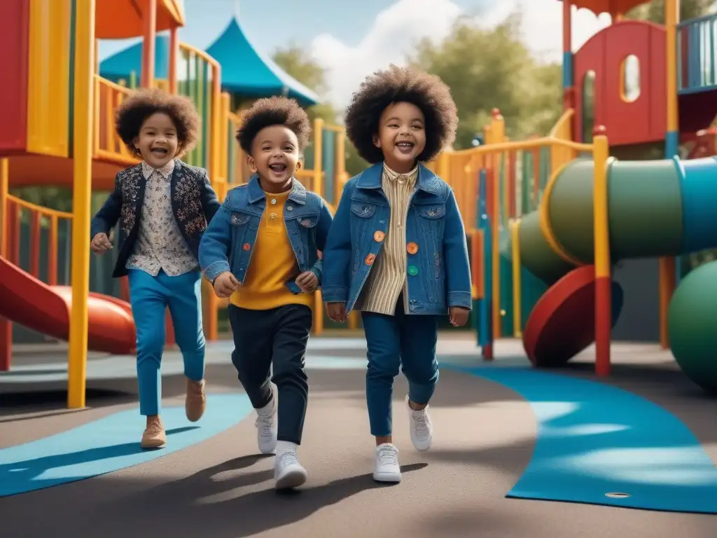 Moda infantil inclusiva: niños felices juegan juntos en un parque vibrante Un grupo diverso de niños juega feliz en un parque con ropa inclusiva