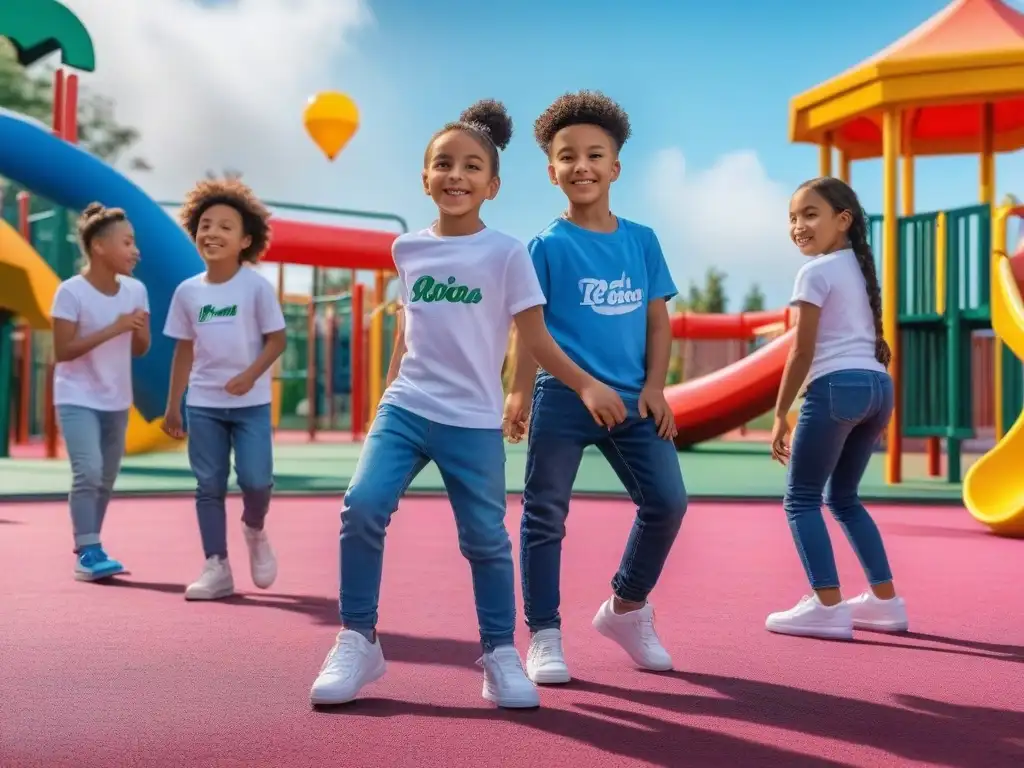 Juegos inclusivos: niños felices de diversas etnias y habilidades Un grupo diverso de niños juega feliz en un parque con ropa infantil unisex inclusiva