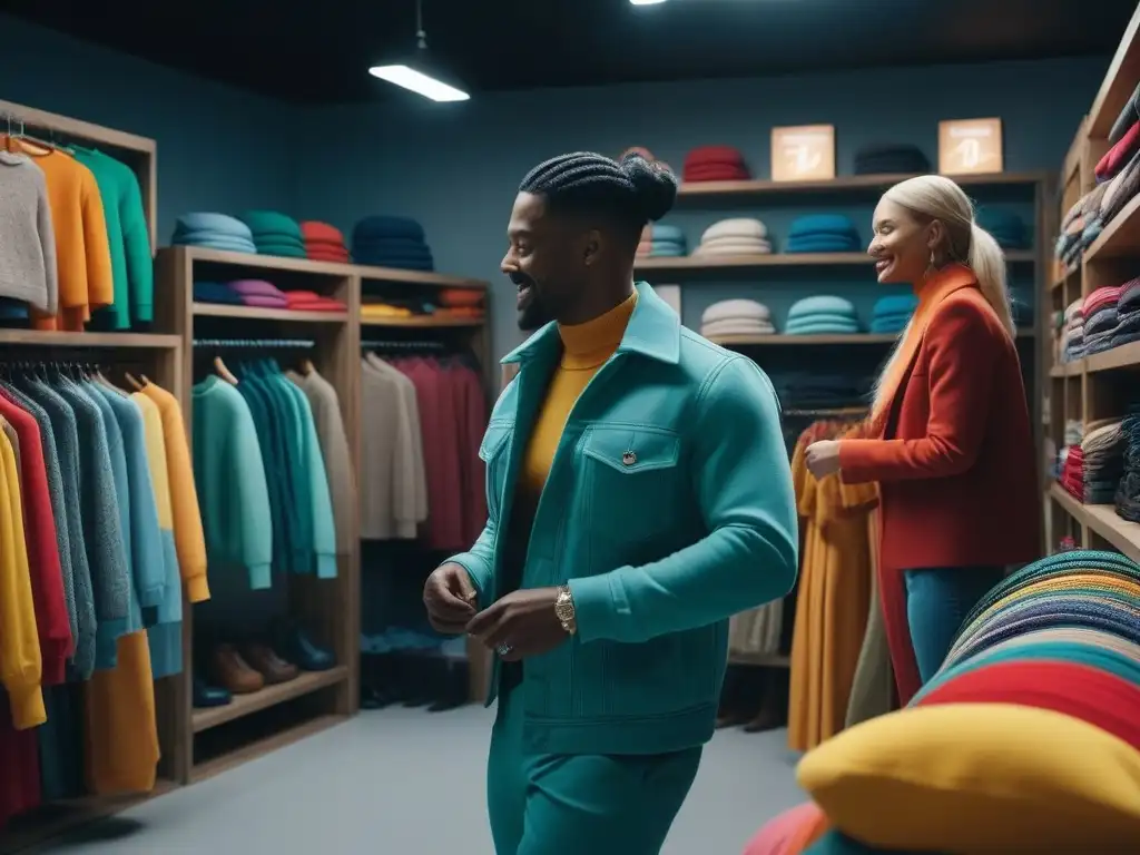 Tienda de ropa sostenible: niños felices y coloridos Un grupo diverso de niños juega feliz en una tienda de ropa sostenible y colorida, transmitiendo alegría y comunidad en la moda infantil