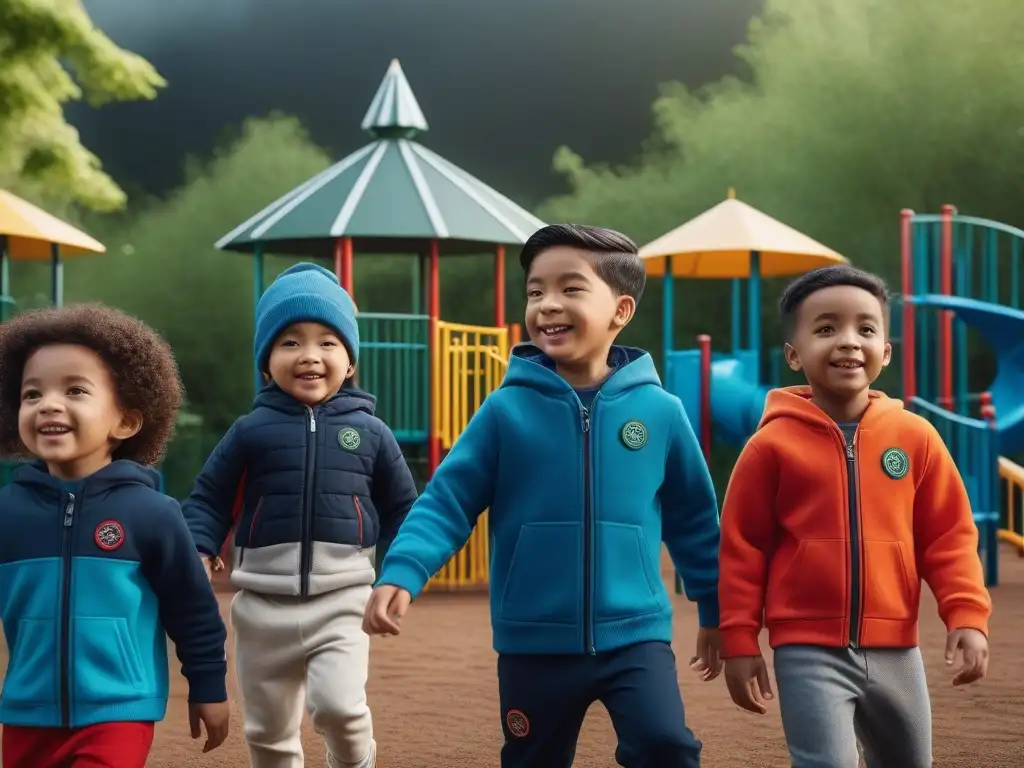 Un grupo diverso de niños juega feliz en un parque con ropa adaptativa inclusiva y colorida