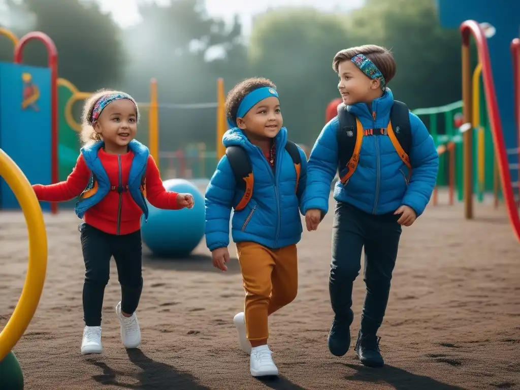 Niños felices y diversos en un parque inclusivo Un grupo diverso de niños juega feliz en un parque con accesorios coloridos, promoviendo la inclusividad