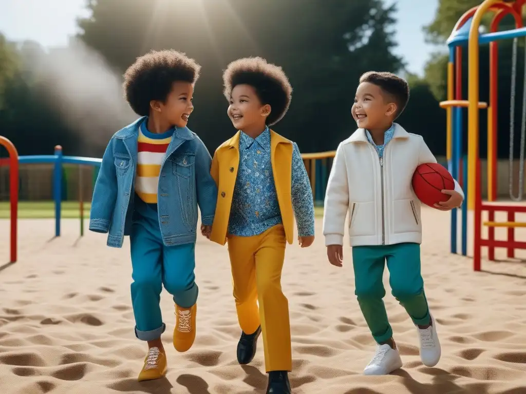 Juego inclusivo: moda infantil diversa y alegre Un grupo diverso de niños juega feliz en un parque, vistiendo moda infantil inclusiva, cambiando reglas
