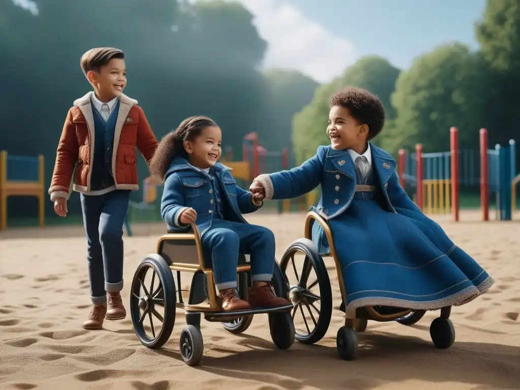 Moda inclusiva para niños: diversión y igualdad en el parque Un grupo diverso de niños sonriendo y jugando juntos en un parque con moda infantil adaptativa para niños, fomentando la inclusión y la igualdad