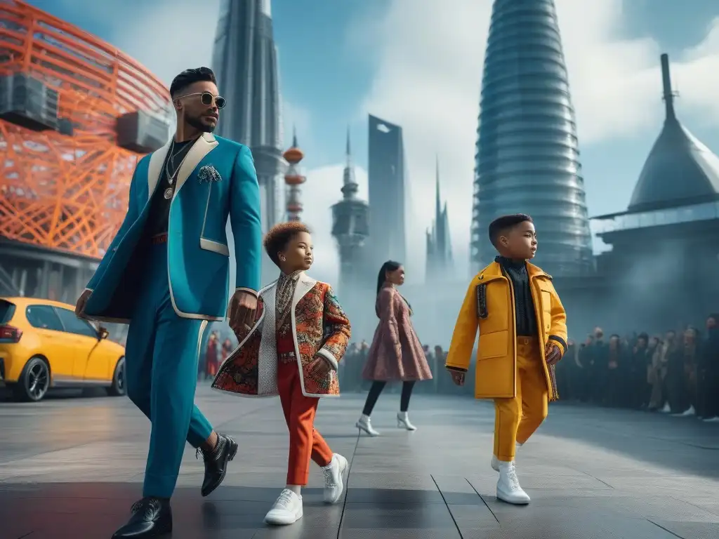 Niños multiculturales juegan moda 2023 en parque futurista Un grupo diverso de niños juega alegremente en un parque de moda, vistiendo colores y patrones de tendencia 2023