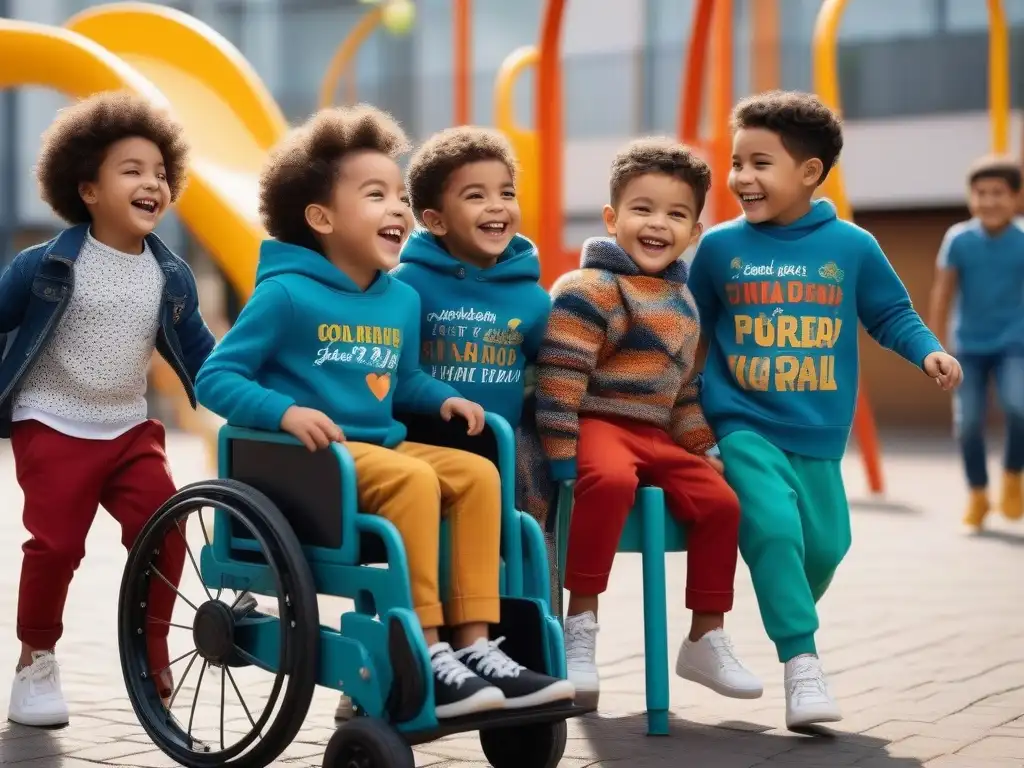Moda infantil inclusiva y divertida: celebrando la diversidad Grupo diverso de niños riendo y jugando en un parque inclusivo